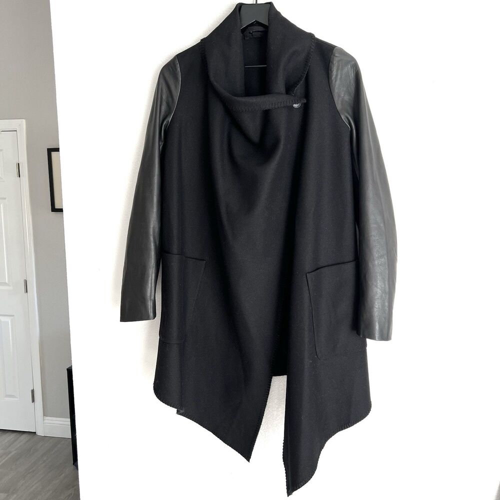 All Saints Hyde Monument Coat Leather Sleeves Black Size 2